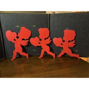 Vintage Valentine Lot of 3 Die Cut Cardboard Jointed Red Cupid Heart Silhouettes